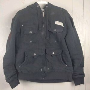 Affliction Black Premium Jacket Mens Medium Hooded Distressed 4 Pockets Quilted‎